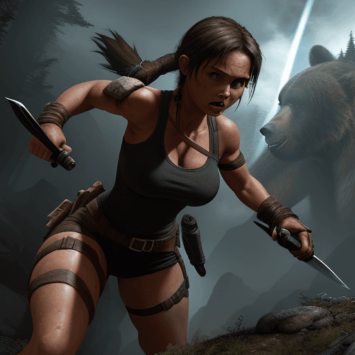 AI generated: Hyper realistic, Little, tiny and tight lara croft,
Rising up a black glowing blade with her hand,
F...