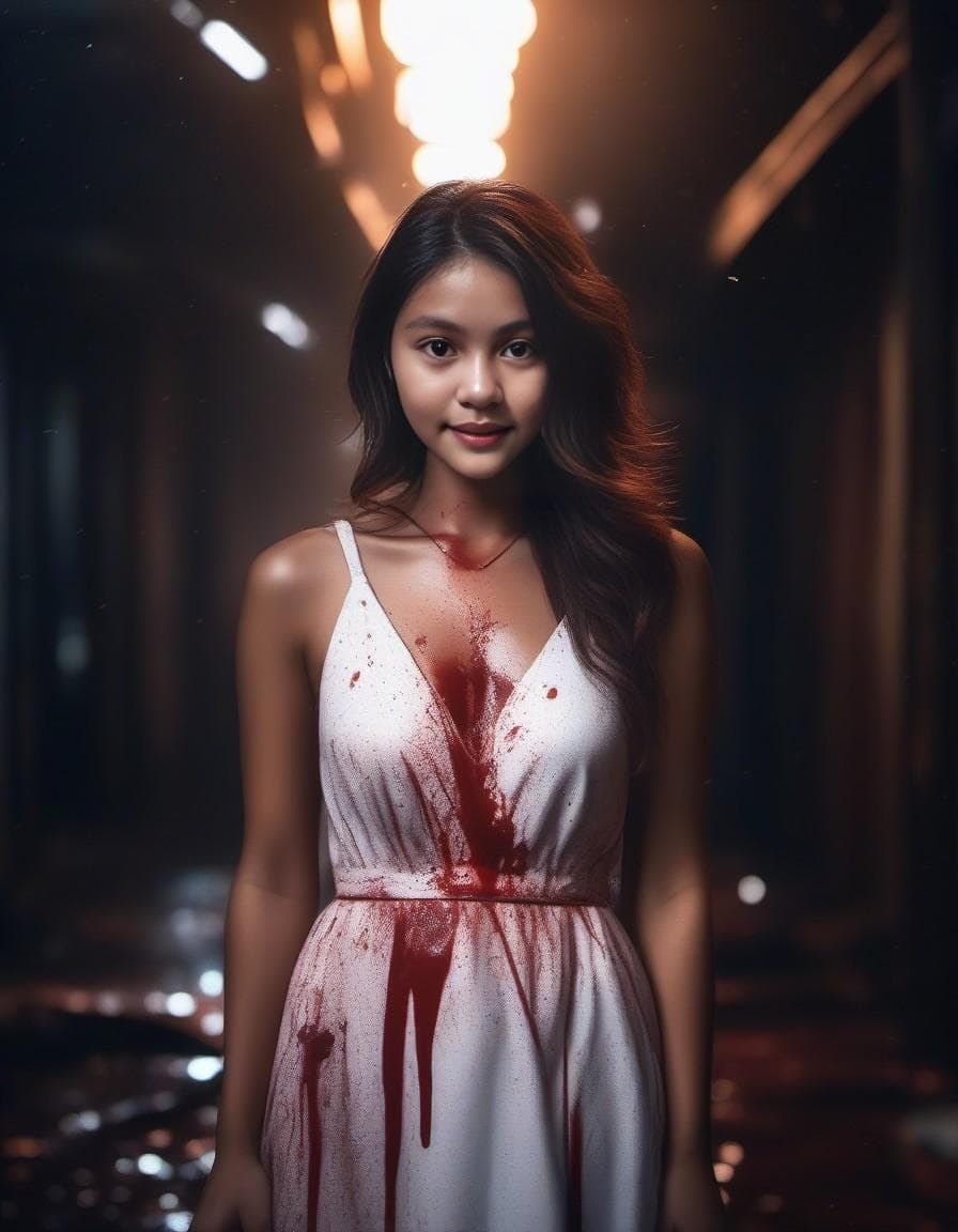 AI generated: (a girlfriend), (wearing a blood-soaked white dress:1. 3), (dark alley, night, raining:1. 3), (glowi...