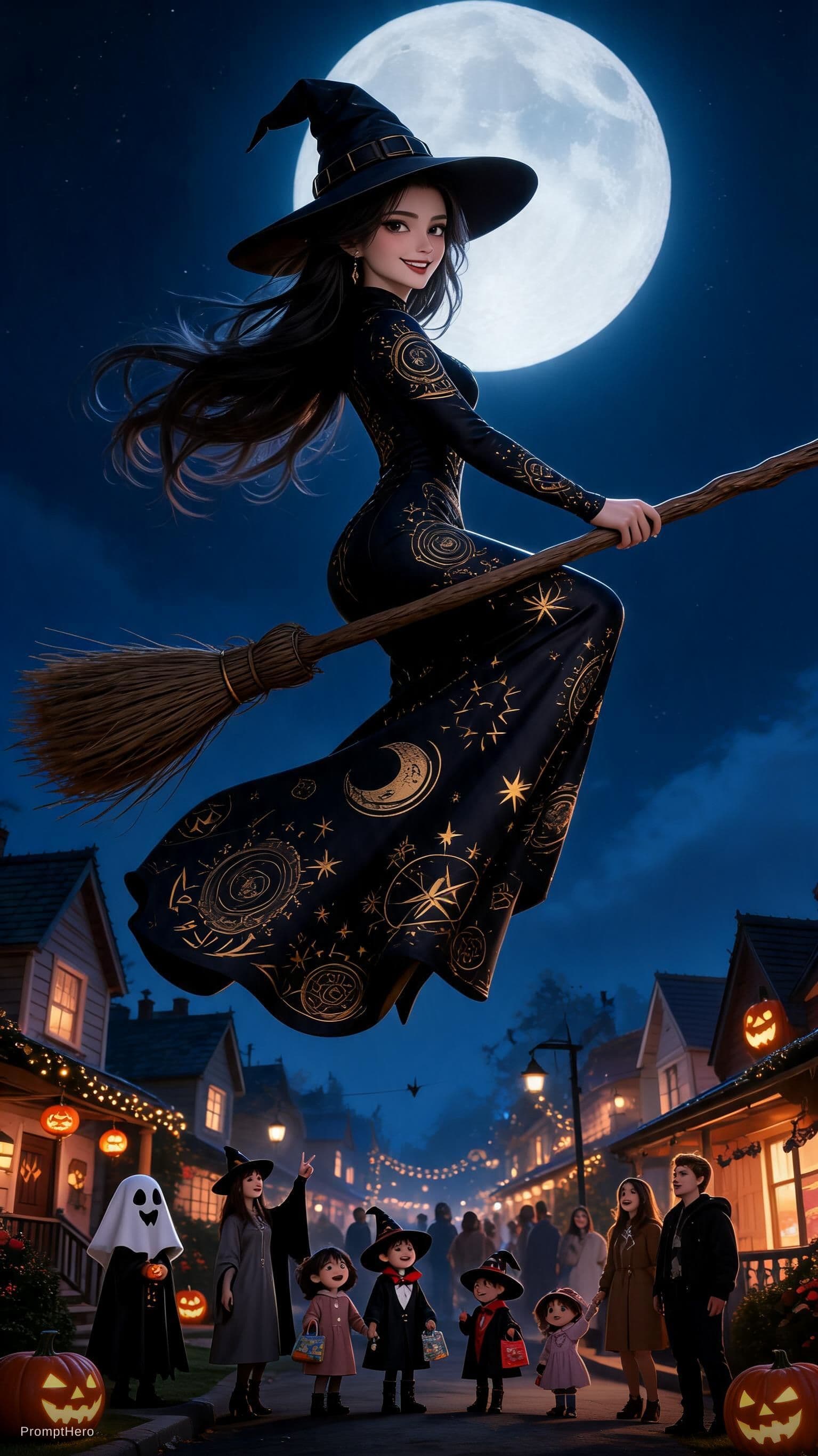 AI generated: ultrarealistic, fashion photography style, a beautiful, voluptuous witch in a long, form fitting gow...
