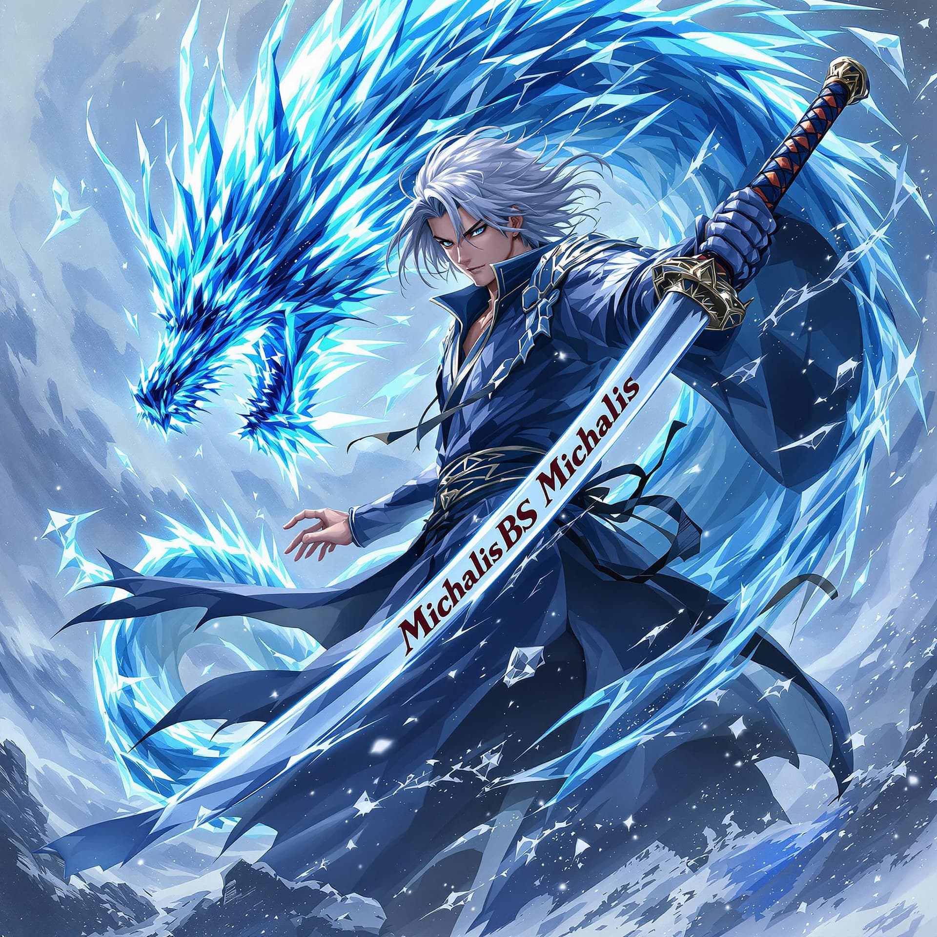 AI generated: ice dragon backround,gray hair,mighty mage with an old school katana, "MichalisBS" written on the ka...