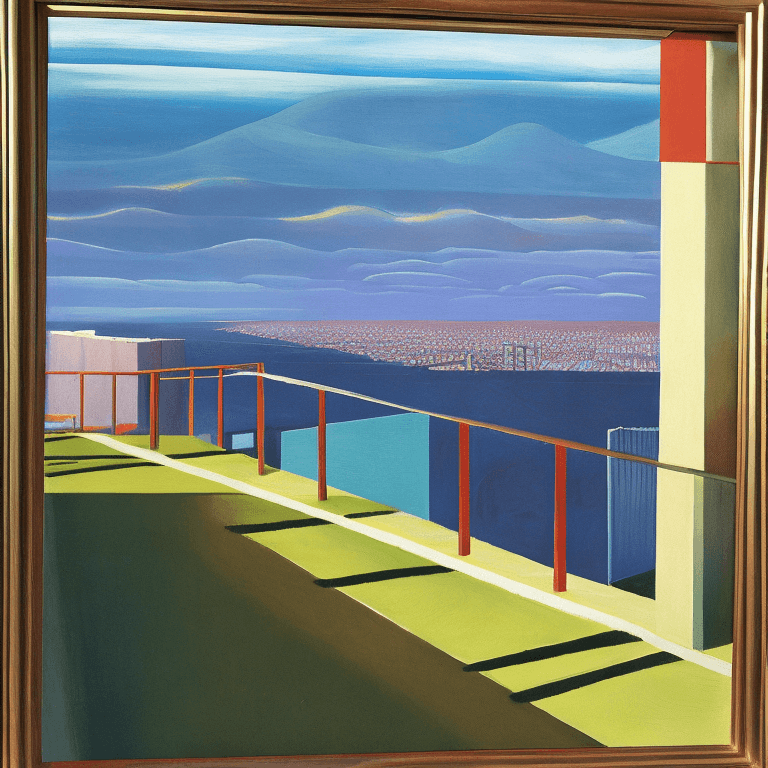 AI generated: epic view, oil painting, neo rauch, david hockney, edward hopper