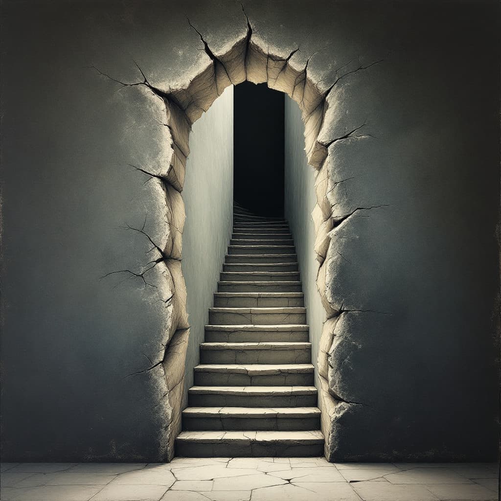 AI generated: "A cracked wall revealing a secret staircase behind it, painted with illusionary depth"".Trompe l’Oe...
