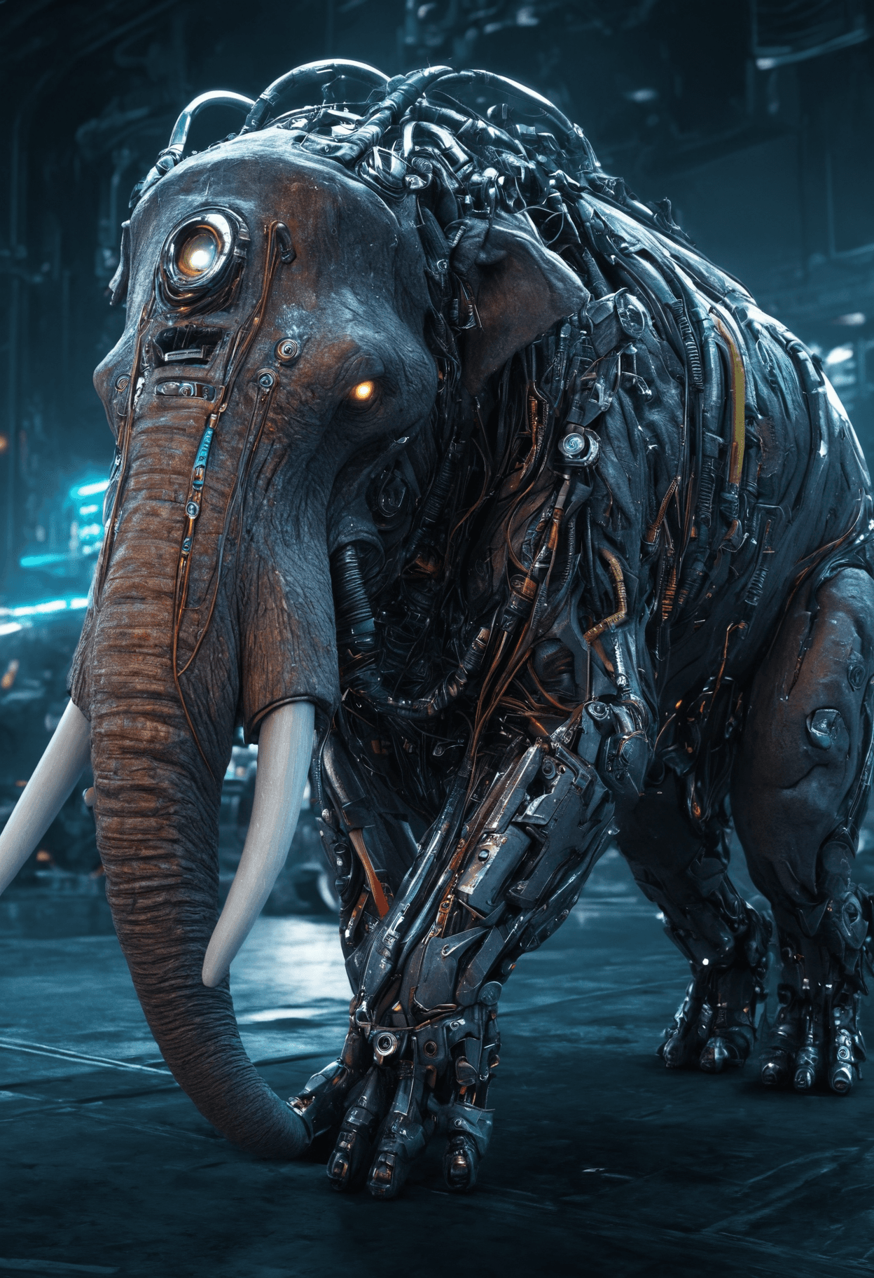 AI generated: Hyperrealistic art sci-fi, digital art, robotic Mastodon, wearing Flowing cybernetics, Atomicpunk, d...
