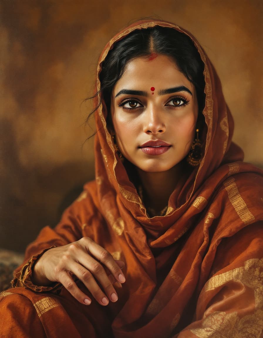AI generated: An Indian woman in her late 20s, exuding a serene and contemplative mood, sits for a fine art portra...