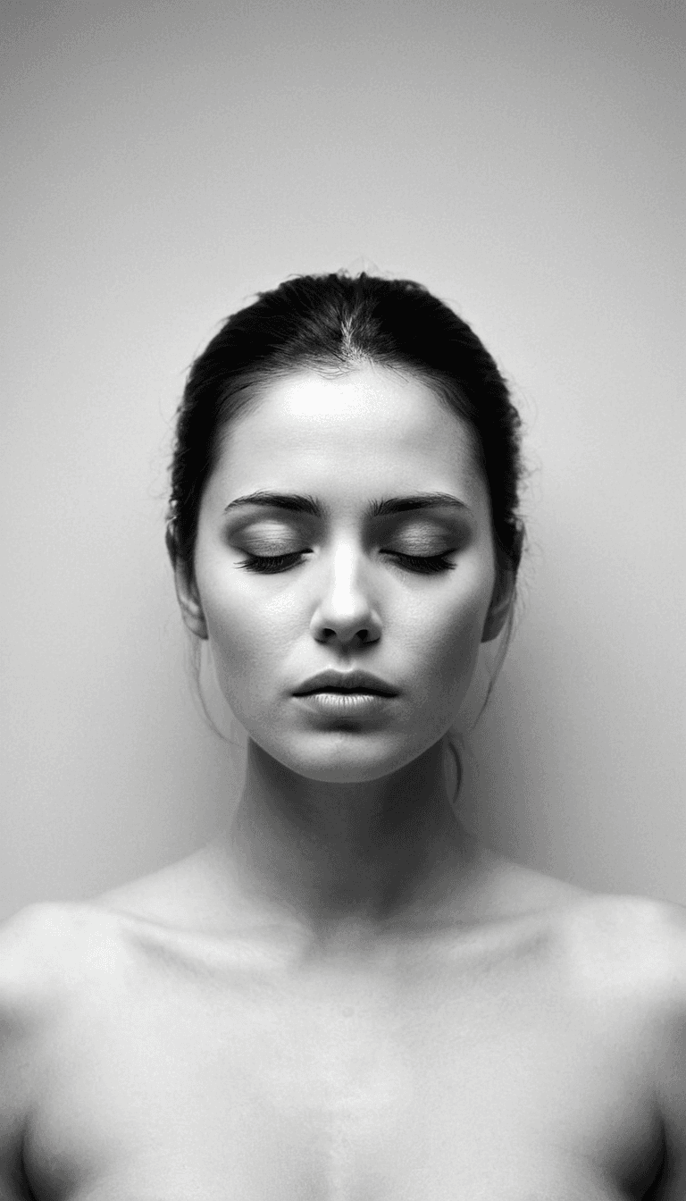 AI generated: black and white photography, fashion editorial, portrait of a dark shorthaired beautiful naked woman...