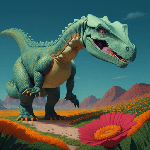 AI generated: Artist Arne Thun's "Dinosaur in Flowers" in Natalia Lakot style, 8k resolution, retro aesthetics, wa...