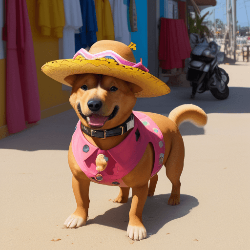 AI generated: perro salchicha gordo bachicha toma solcito en la esquina del mar tiene sombrero de marinero y en ve...