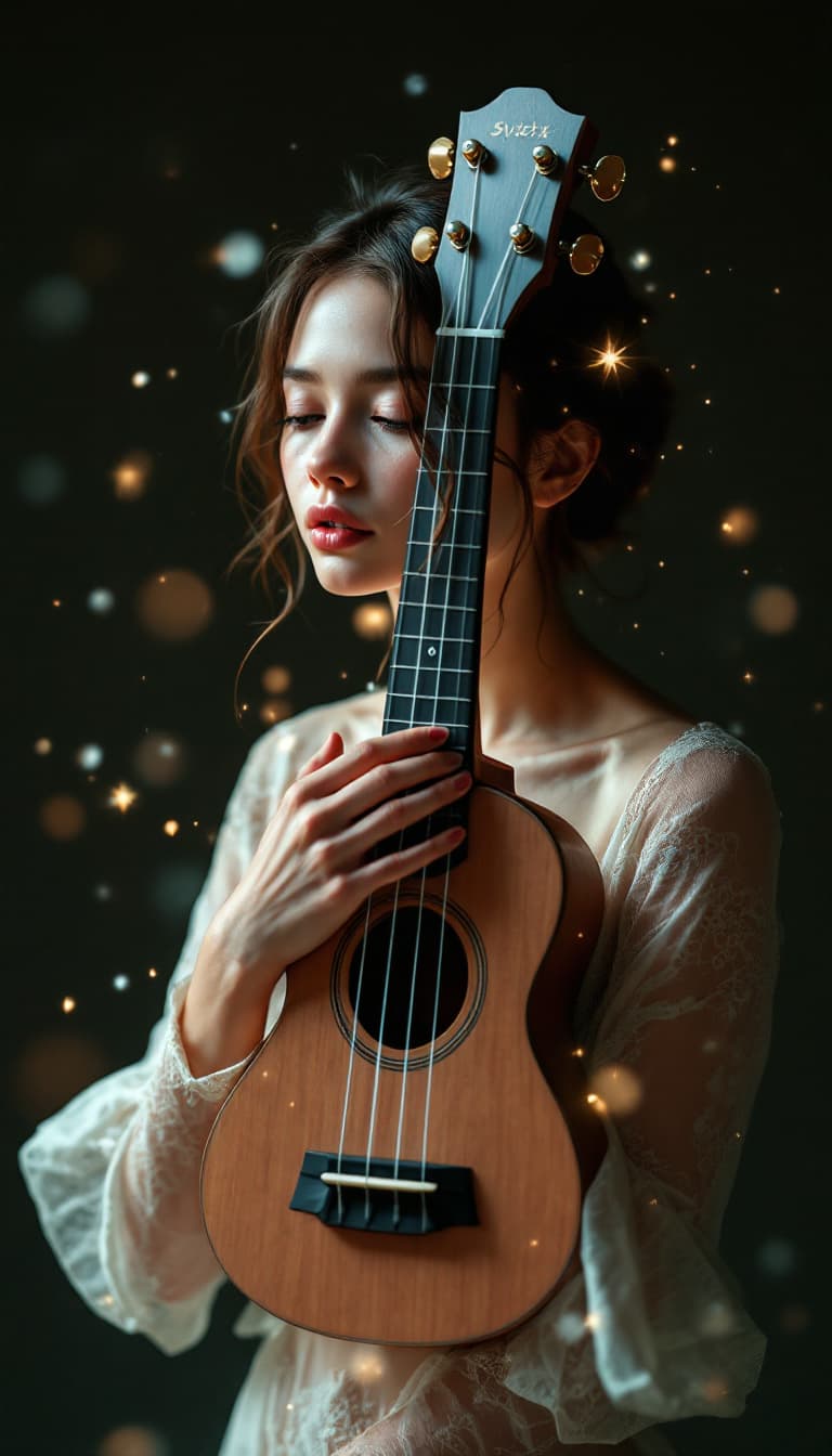 AI generated: An ultra-realistic photograph of a surreal fusion of human and instrument: a female ukulele, photogr...