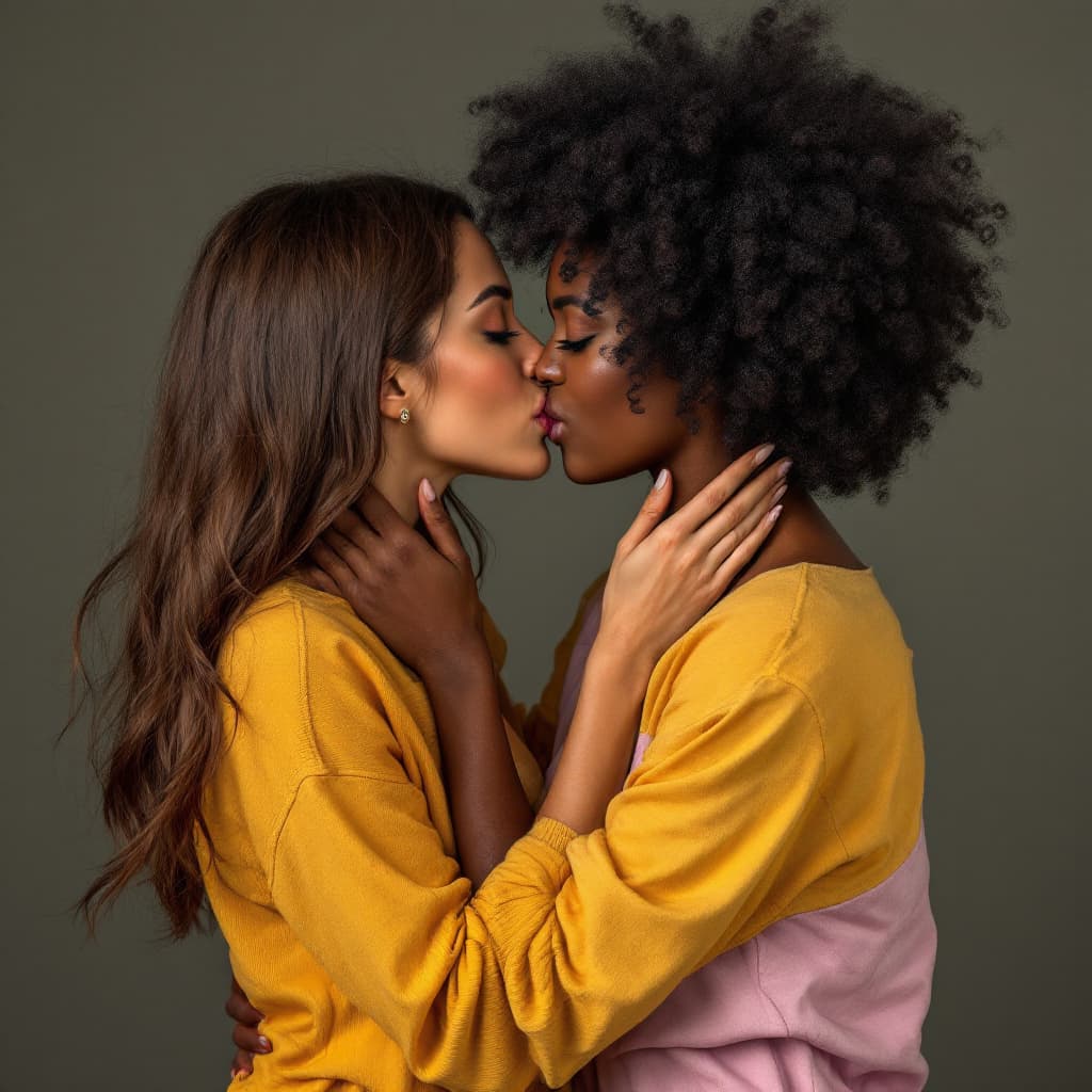 AI generated: two women kissing, Caucasian and Ebony