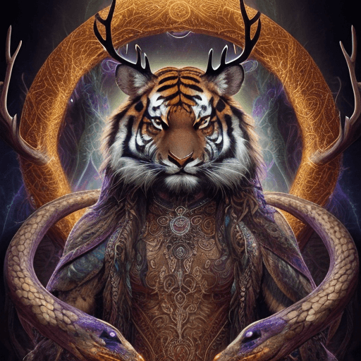 AI generated: A mystical being with snake body, rabbit eyes, deer antlers, bull mouth, tiger paws, eagle claws, fi...