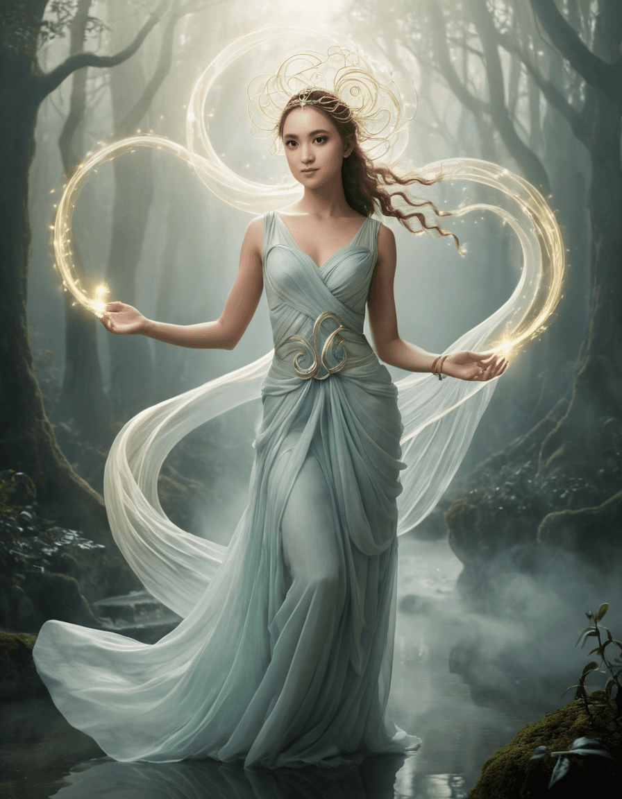 AI generated: "A dreamlike and mythical depiction of Hera, made entirely of swirling, ethereal love. Her form is c...
