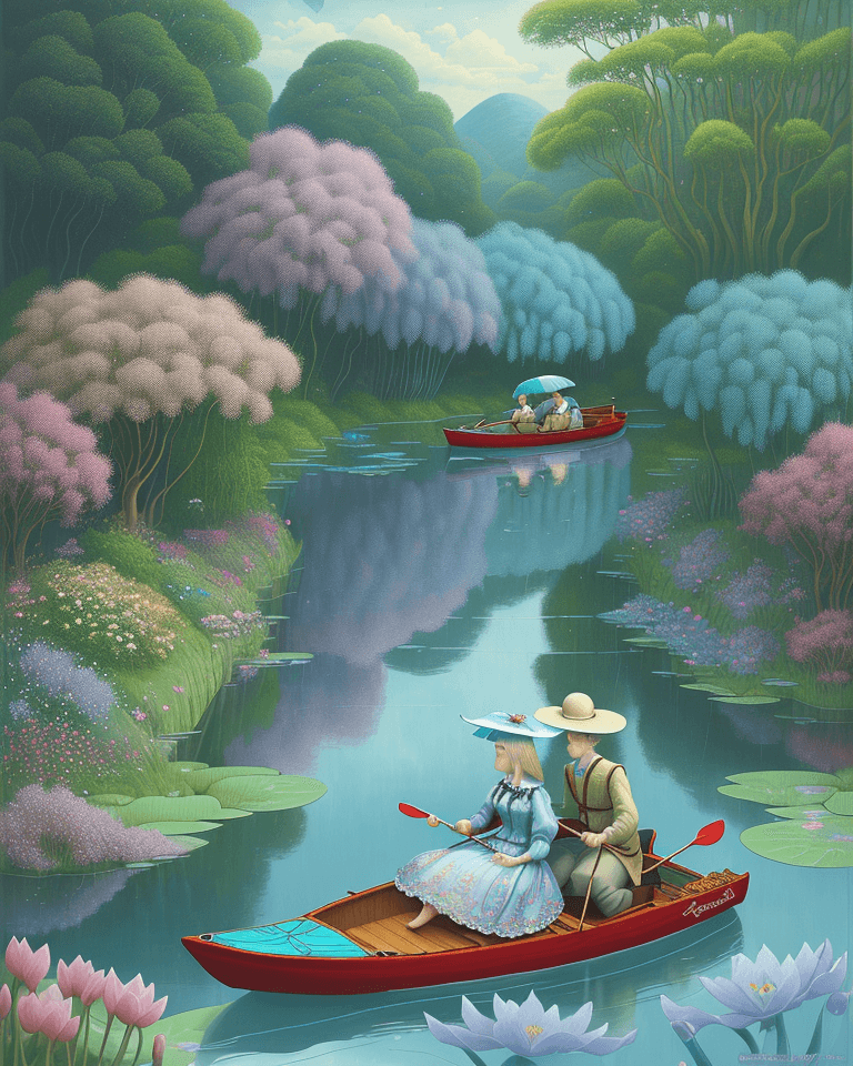 AI generated: two lovers on a small paddle boat with transparent umbrella painted with turqoise patterns surrounde...