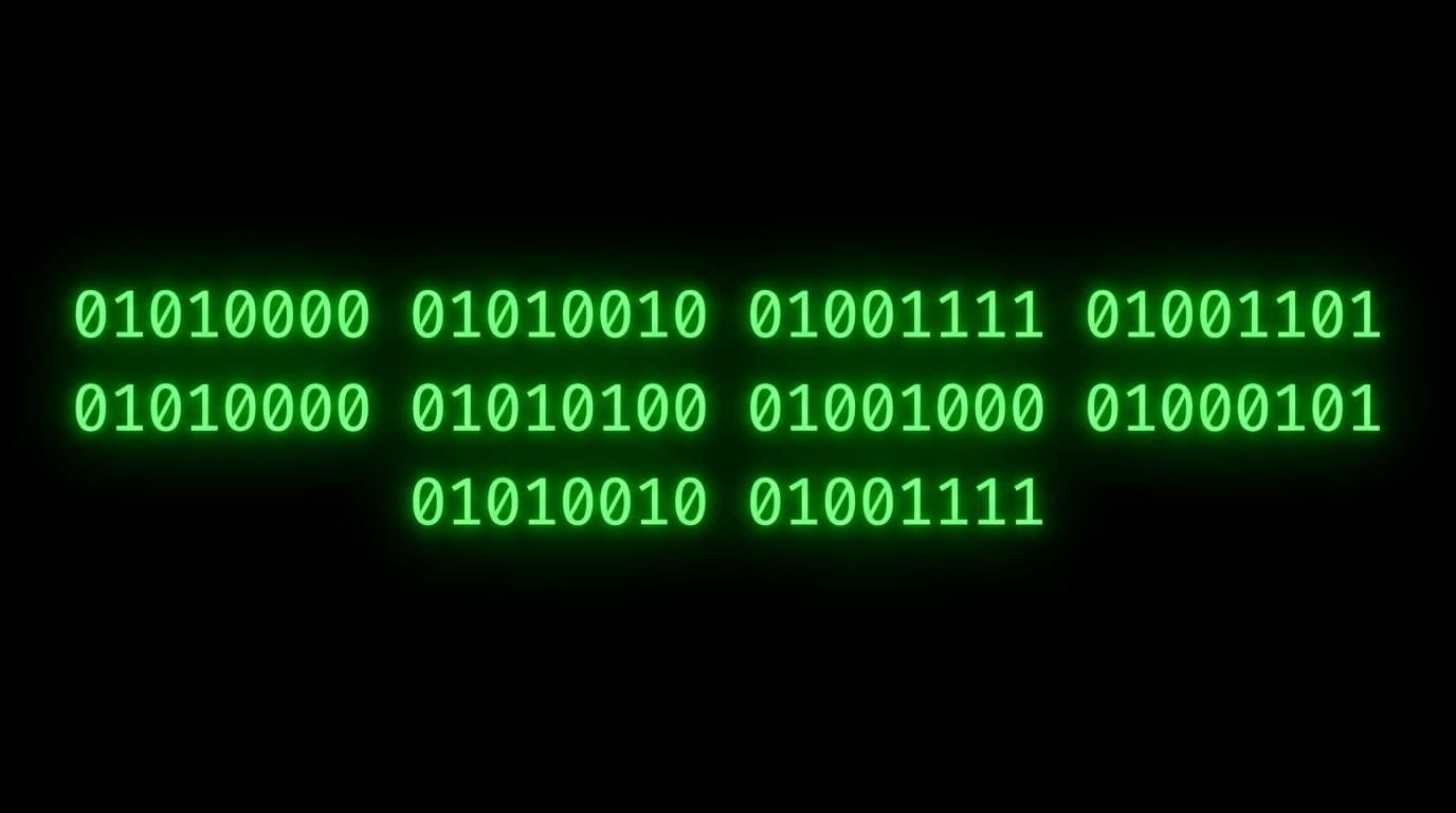AI generated: A minimalist representation of the word 'PROMPTHERO' in glowing neon green binary code (01001000 010...