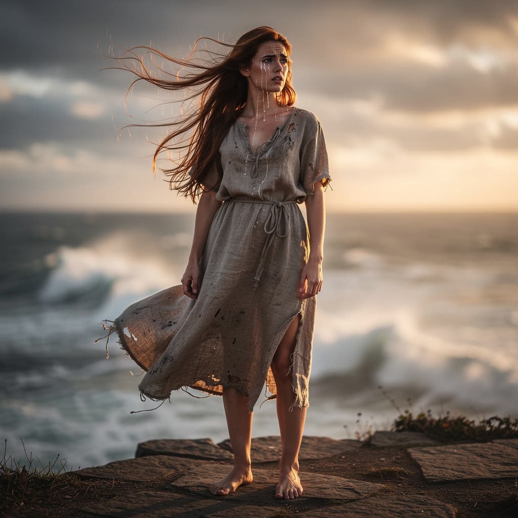 AI generated: A gorgeous young lady, disappointed in love, stands at the edge of a cliff, the wind is blowing her ...
