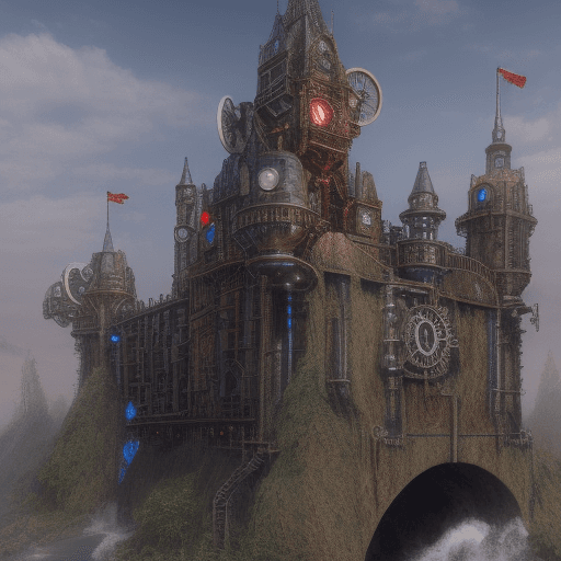 AI generated: Steampunk Castle, Victorian Architecture, Rustic, Blue, Gray, Red, Mechanical Bridge, Castle wall ma...