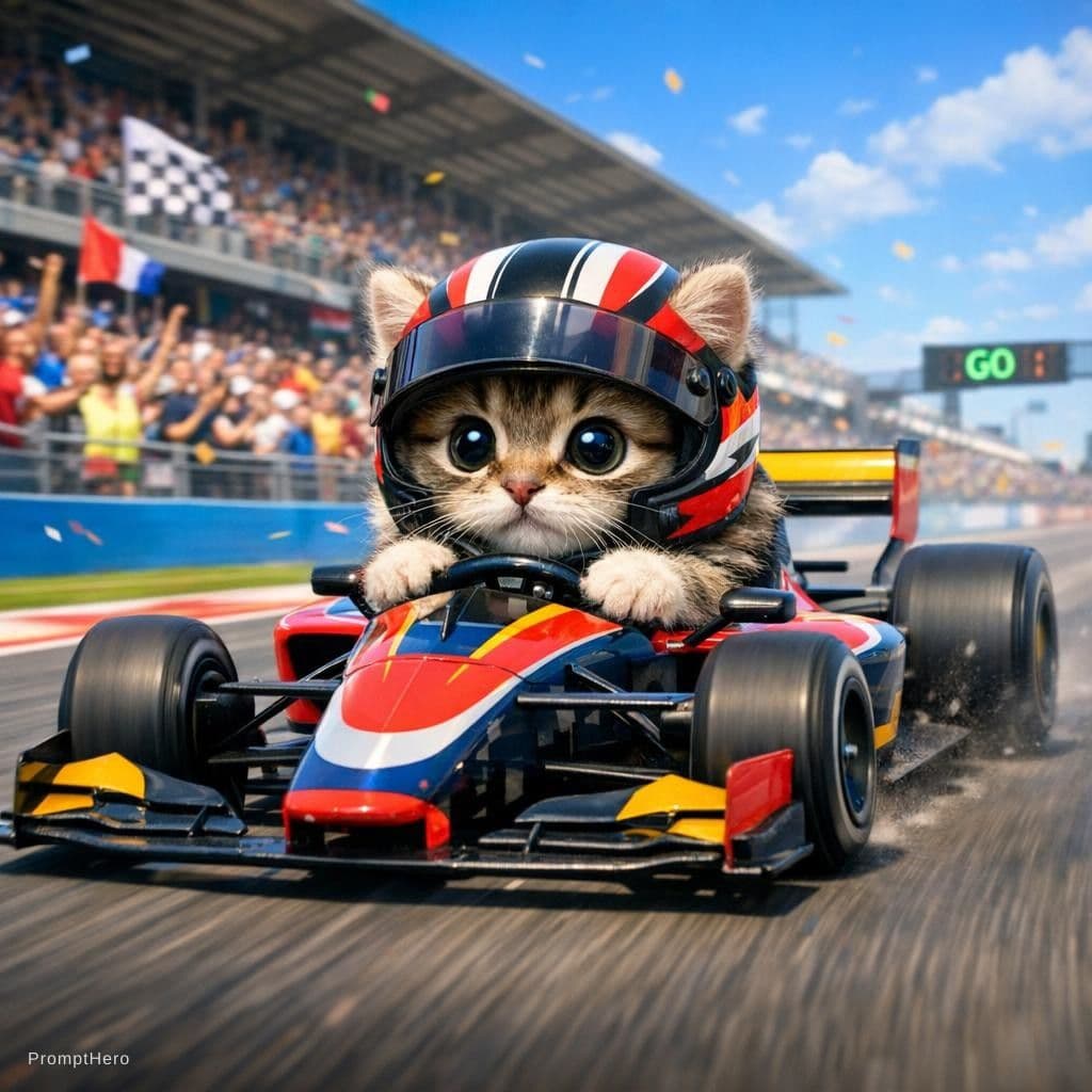 AI generated: A tiny, fluffy kitten with large, curious eyes, wearing a miniature racing helmet, speeds down a vib...
