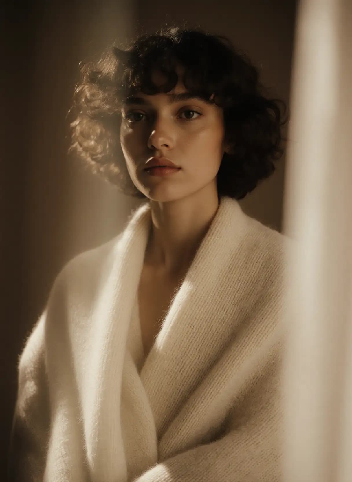 AI generated: A woman with curly, dark hair styled in loose waves gazes directly into the camera with a serene and...