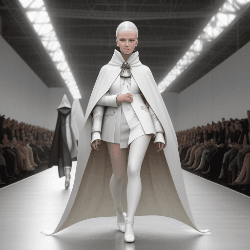 AI generated: a woman walking down a runway wearing a white coat, a photo, by Emma Andijewska, baroque, clippings ...