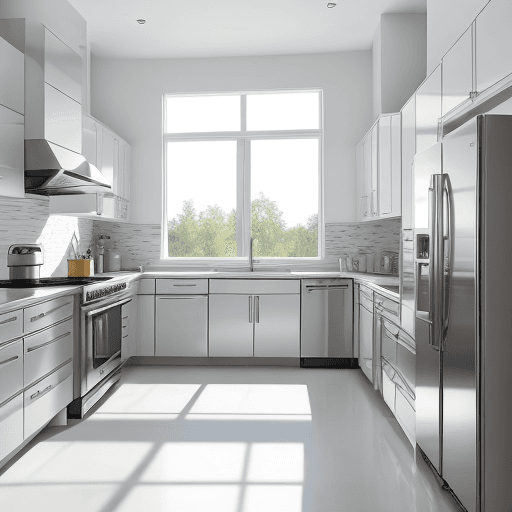 AI generated: Photo of modern kitchen, white walls, natural light, shiny stainless-steel appliances, polished gran...