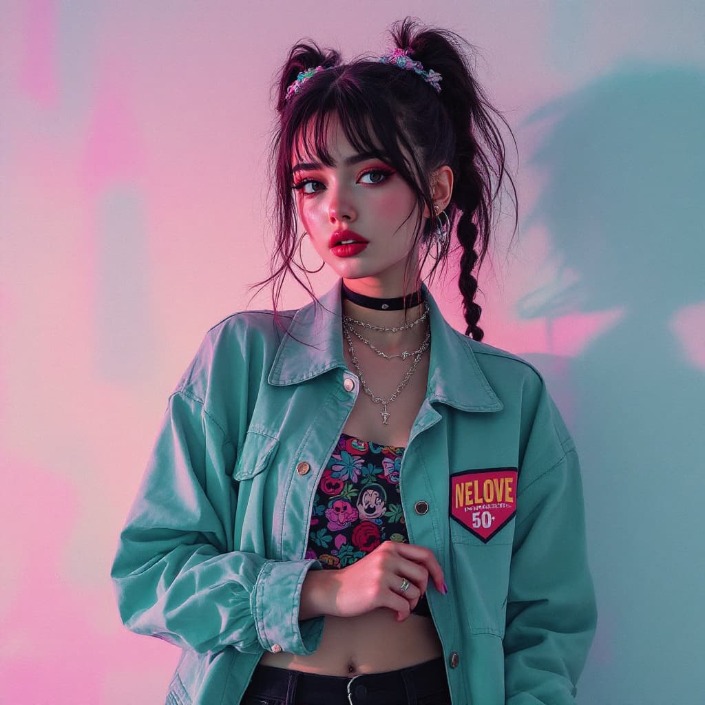 AI generated: anime girl 80s style clothes vaporwave