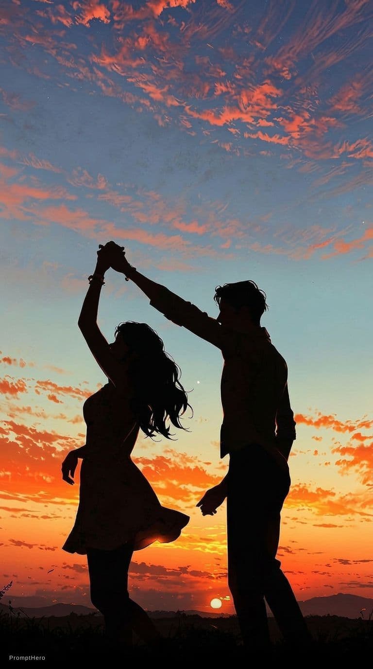 AI generated: A young couple is silhouetted against a vibrant sunset, dancing joyfully in the center of the frame....