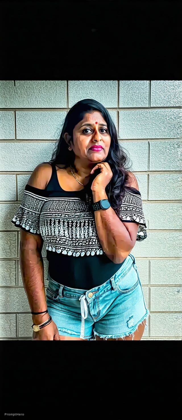 AI generated: This aunty pic convert only 
bra and nikker 