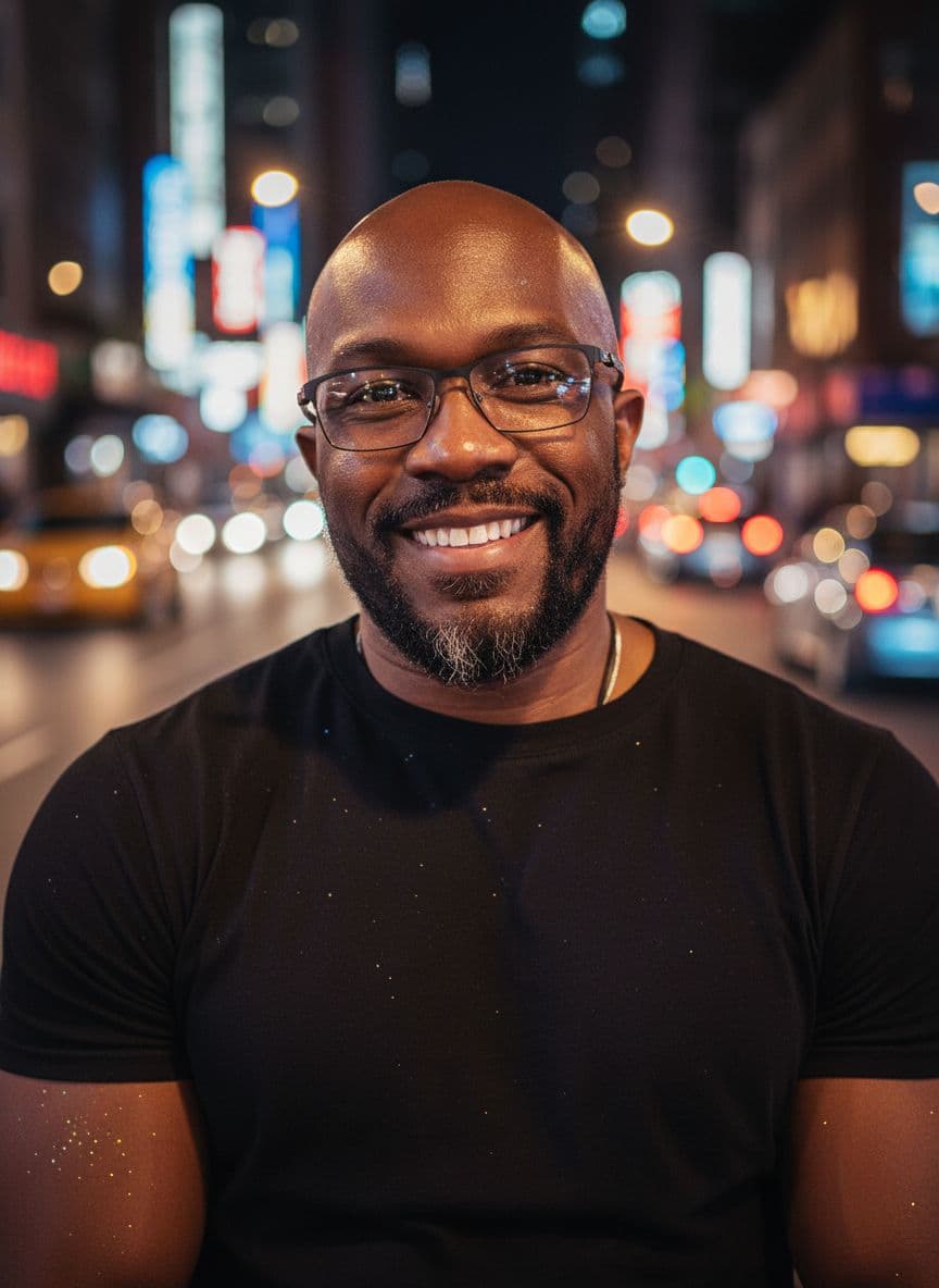 AI generated: A cinematic, close-up portrait of a muscular African bold man in his 30s  on a street at night, with...