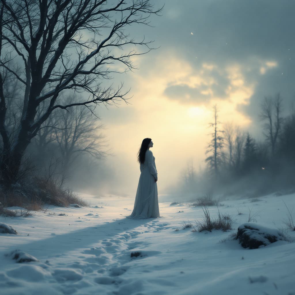 AI generated: A dreamy and symbolic image of a solitary woman standing on the threshold of a cold season. The woma...