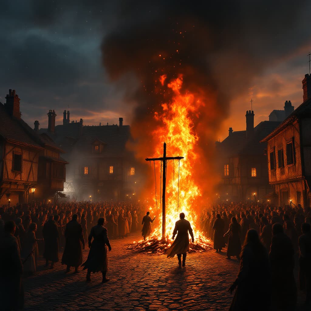 AI generated: A hyper-realistic medieval Castilian village square at dusk, dominated by a roaring central bonfire ...