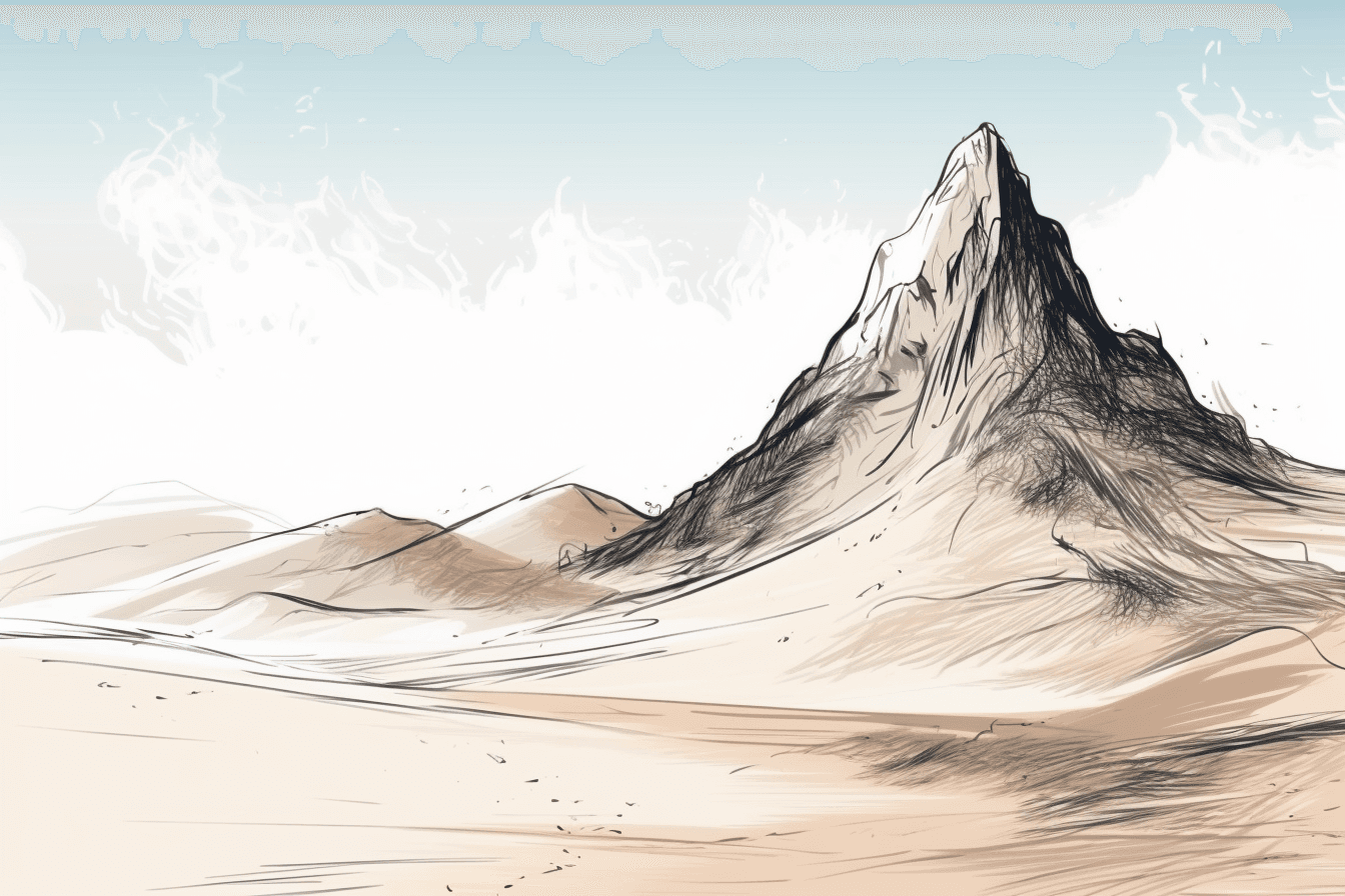 AI generated: Illustration of a dune in the desert, Front view, Ice background, Exotic theme, Marker, Hatching, Sm...