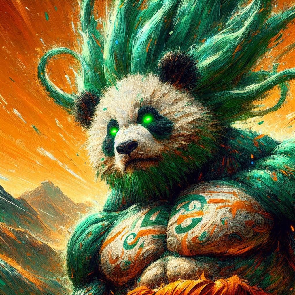 AI generated: impressionism style, Panda looking like Broly, close up portrait, extra long green hair, fighting at...