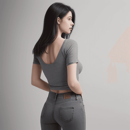 AI generated: In the image, a woman is wearing a grey top and jeans, standing with her hands clasped behind her ba...