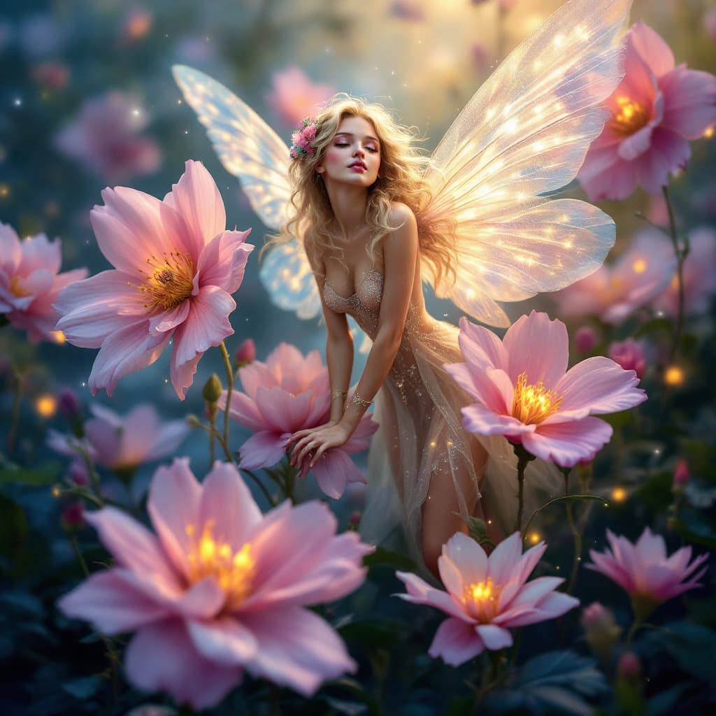 AI generated: fairy with flowers, pastel colors, extremely detailed, lights, glow, flowers --ar 35:64 --stylize 75...