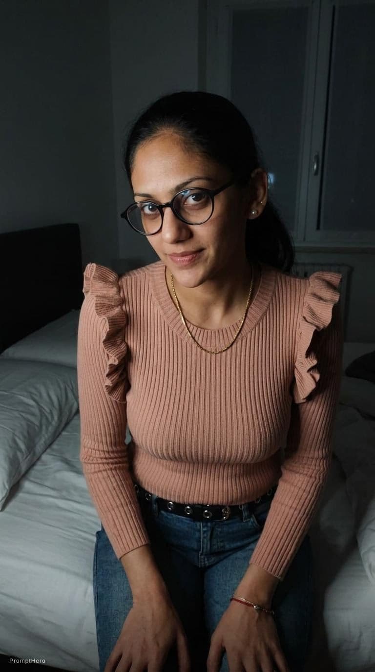 AI generated: looking at me. Sitting on a bed at night(no lights), wearing same dress but décolleté, teasing, keep...