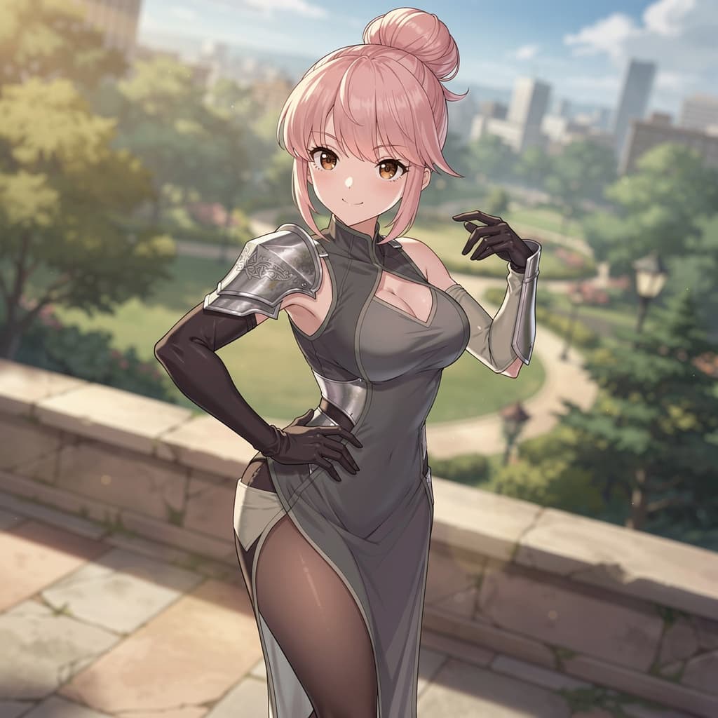 AI generated: maam, solo, brown eyes, pink hair, bun cover, 
china dress, pantyhose, fingerless gloves, single sho...