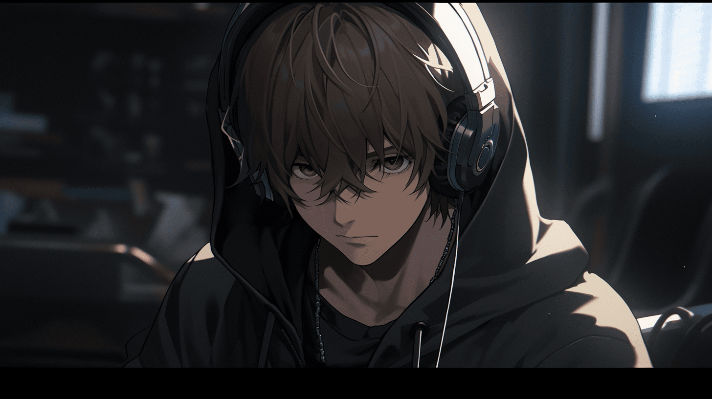 AI generated: Anime guy, young man, dark brown hair, blue eyes, fair complexion, hot, cute, wearing hoodie, wearin...