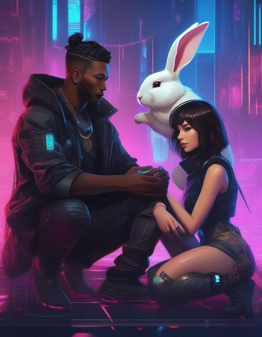 AI generated: arafed image of a man and a woman kneeling down with a rabbit, cyberpunk art style, cyberpunk themed...