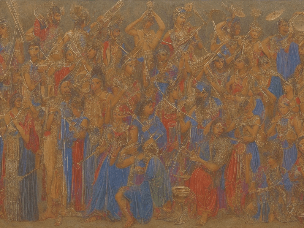 AI generated: ancient sumerians people play music with lyres and flutes