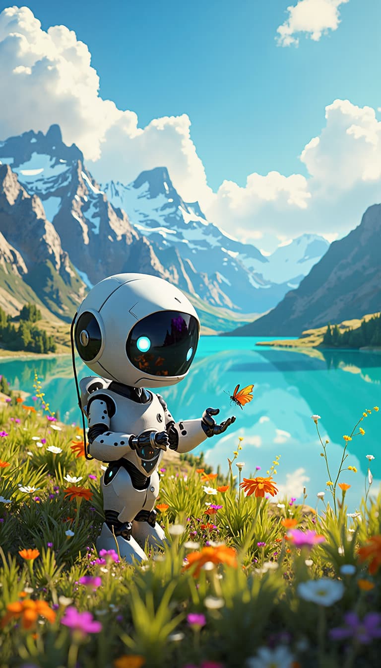 AI generated: Create a heartwarming and highly detailed scene featuring a cute, small robot exploring a stunning, ...