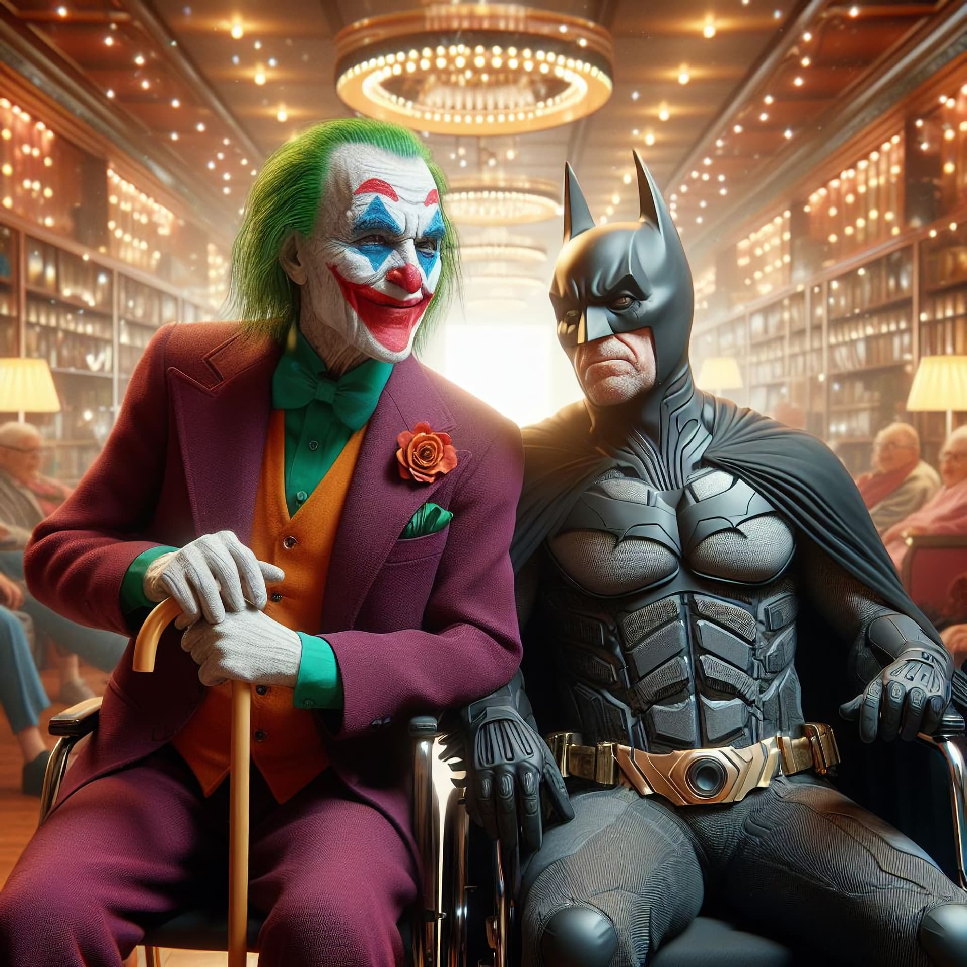 AI generated: the joker and Batman are seniors in a retirement home, very detailed, photorealistic, shiny, dynamic...