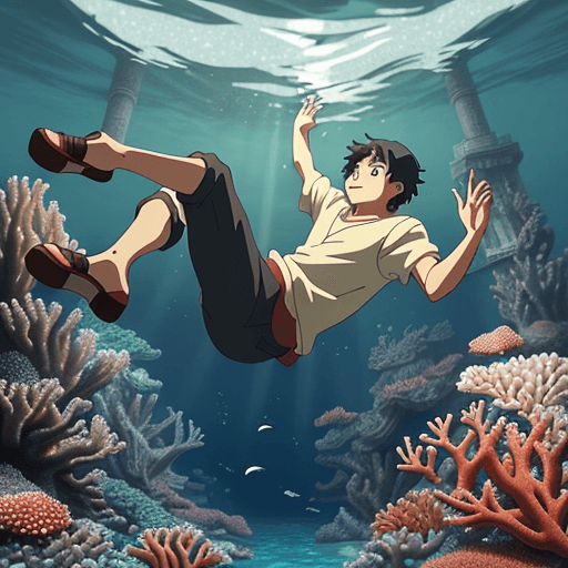 AI generated: make a picture of a young man falling inside the sea. Background with lights and corals
Studio Ghibl...