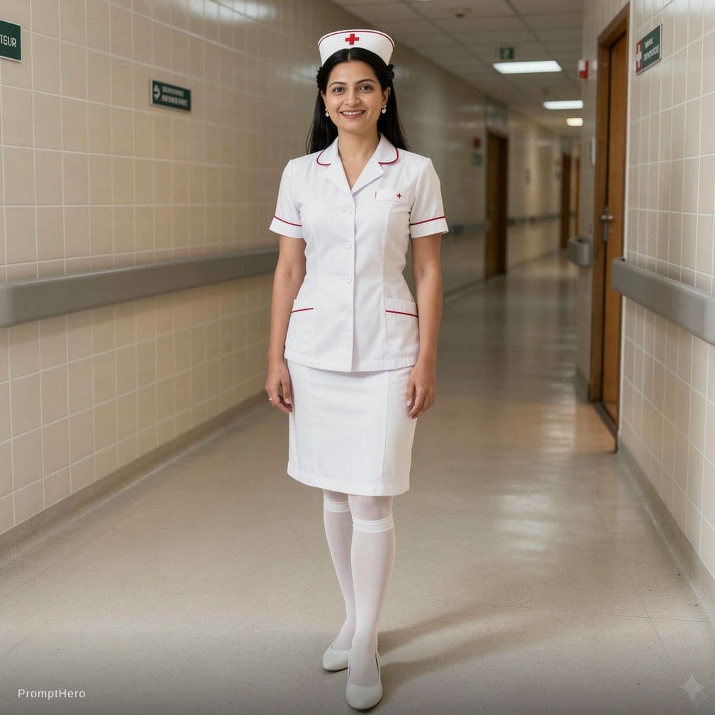 AI generated: A playful yet provocative scene of a curvy nurse with an hourglass figure and soft athletic thighs, ...