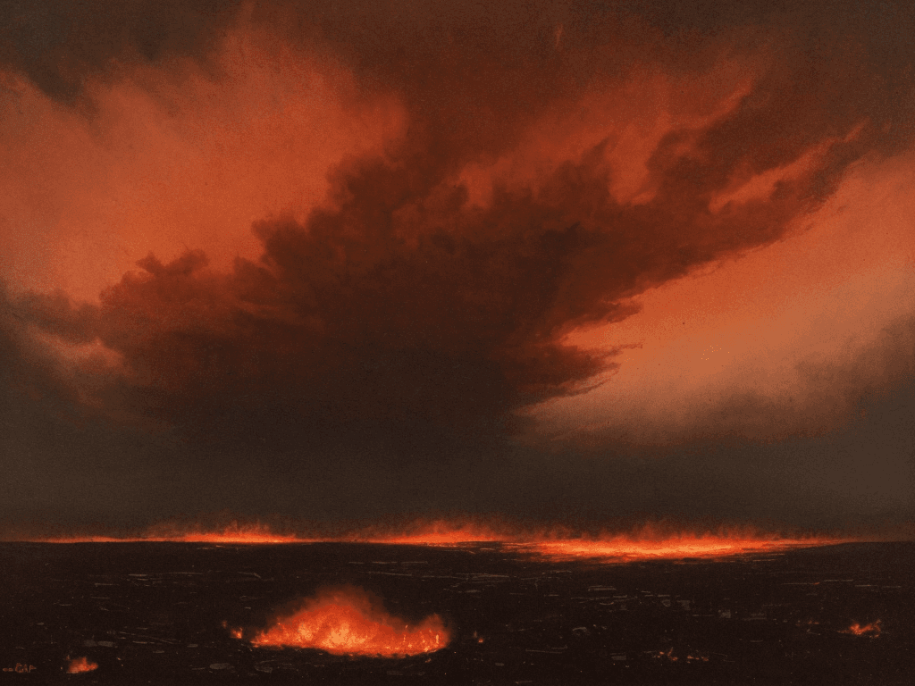 AI generated: The image is set against a dark, foreboding landscape that stretches out to the horizon. The sky abo...