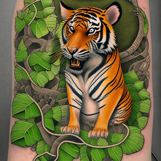 AI generated: High resolution illustration tattoo, vibrant colourful, nature, organic, tiger, dog and cat on small...