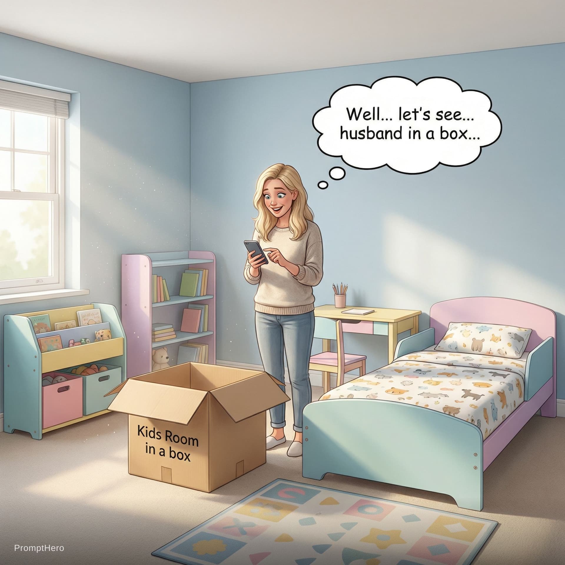 AI generated: 
  "scene and action": "A woman stands in a completely empty kids bedroom in the morning light. A se...