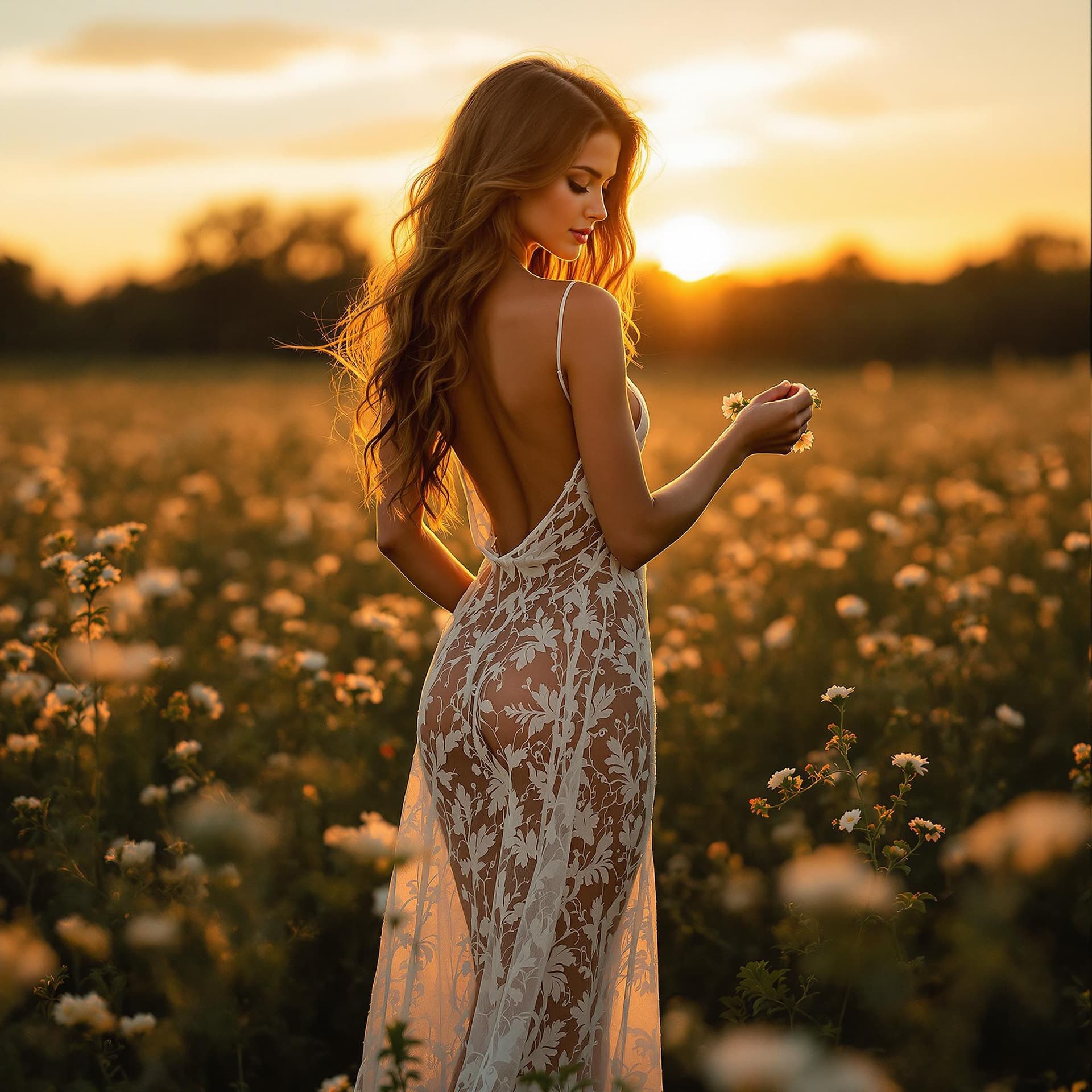 AI generated: A beautiful tanned young woman
stands in a field with flowers at sunset, wearing only
a long, thin...