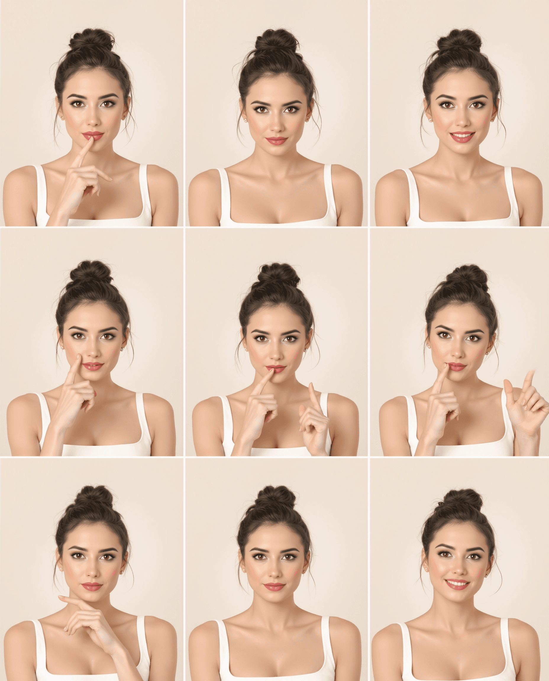 AI generated: "A 3x3 grid of a British Caucasian woman in multiple natural and elegant upper-body poses. She has a...