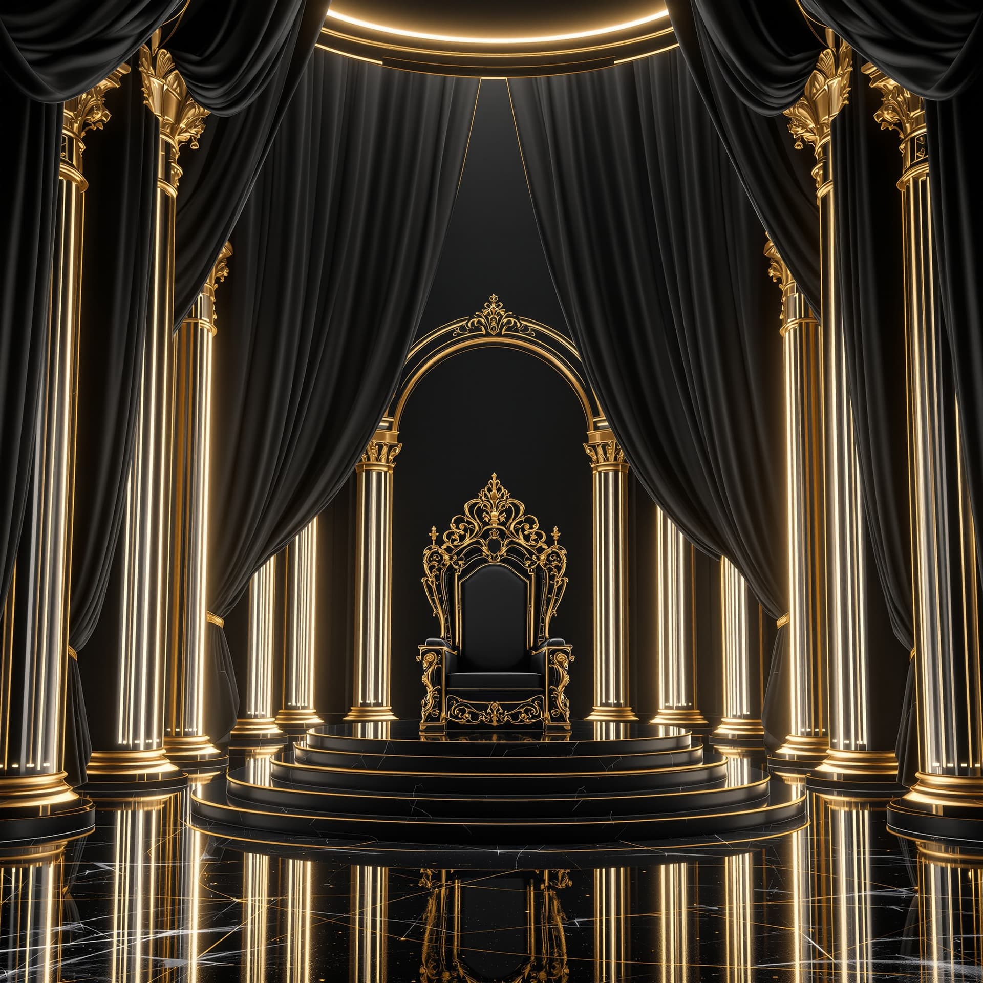 AI generated: a fancy black throne room with pillars, stage and a very detailed ornate throne room framed by huge ...