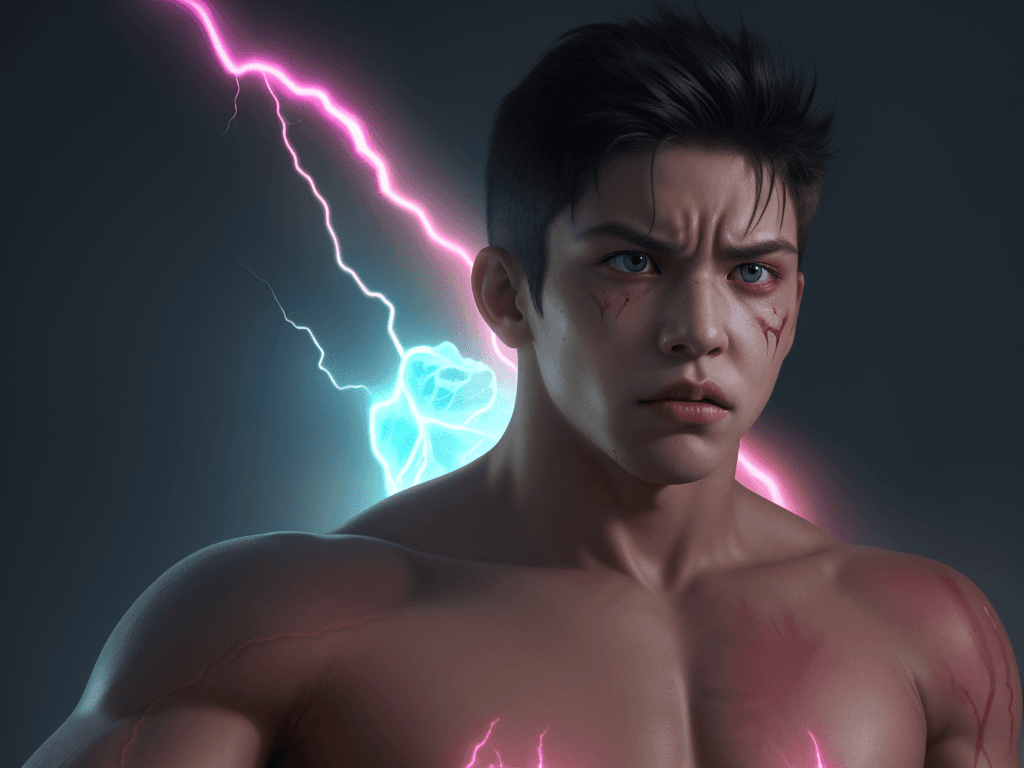 AI generated: digital wallpaper portrait of young man rising from the ashes, energy, aura, power, reincarnation wi...