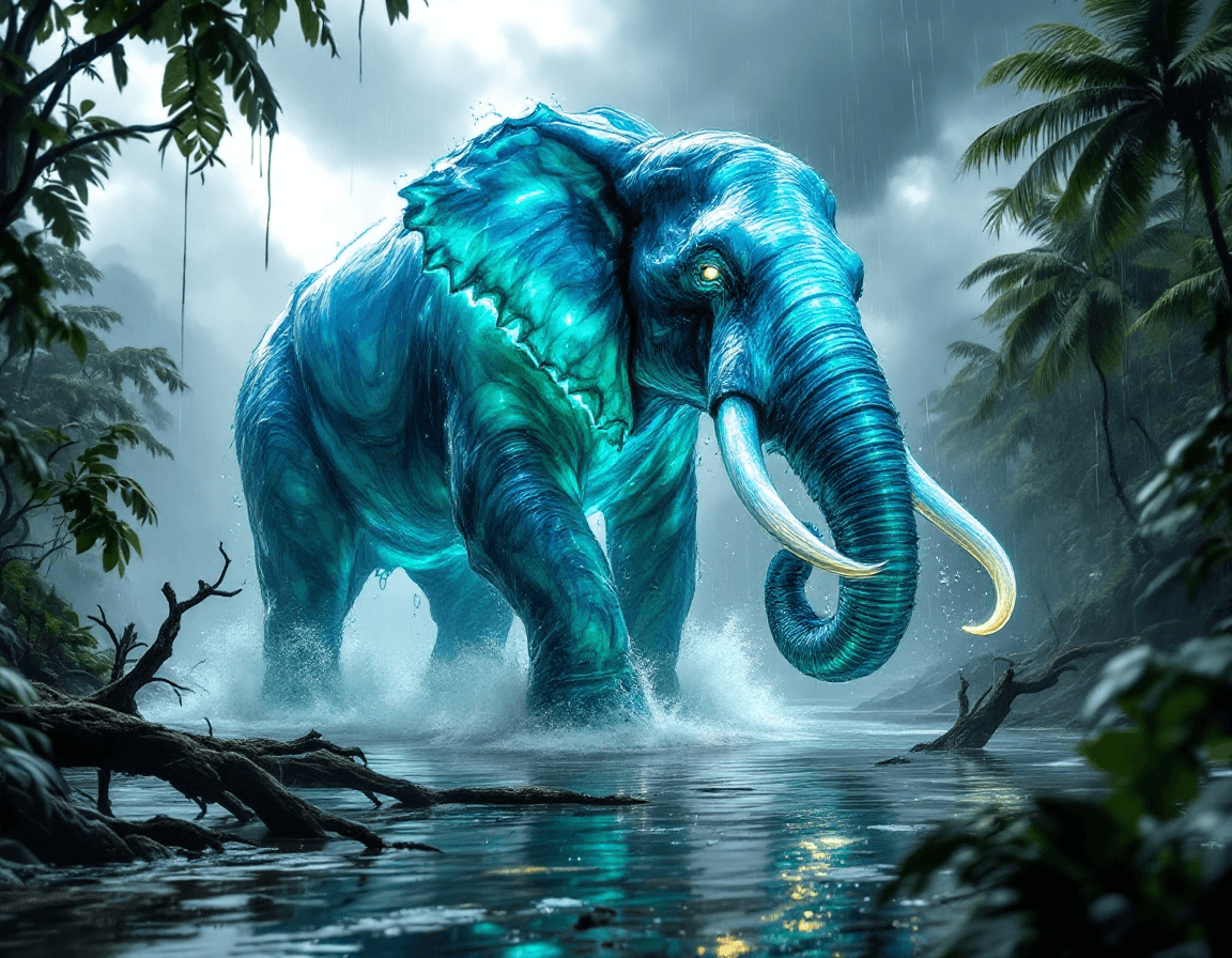 AI generated: A colossal, water-infused elephant storms through a flooded rainforest, its immense form towering ab...